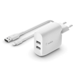 Belkin Boost Charge Chargeur secteur 2 ports USB-A 24 W avec câble Lightning vers USB-A (Blanc)