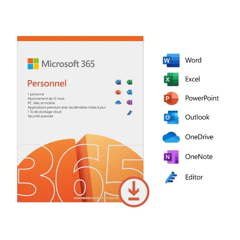 Microsoft 365 Personnel - Licence 1 an - Postes illimités - 1 utilisateur - A télécharger