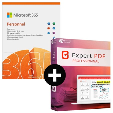 Microsoft 365 Personnel 1 utilisateur 1 an + Expert PDF 15 Pro 1 PC à vie- A télécharger