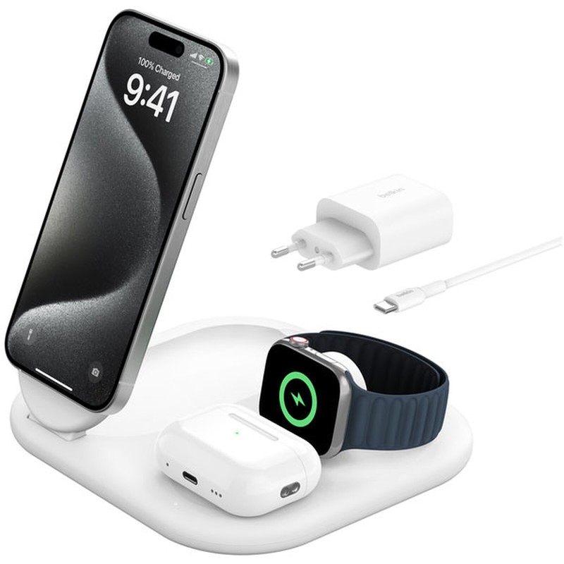 Belkin Chargeur Magsafe Qi2 15 W pour Iphone Airpods et AppleWatch 3 en 1 - Blanc