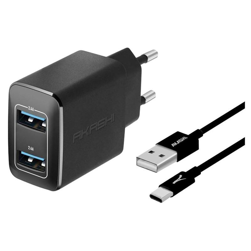 Akashi Chargeur Secteur 2.4A 2xUSB + Câble USB-C