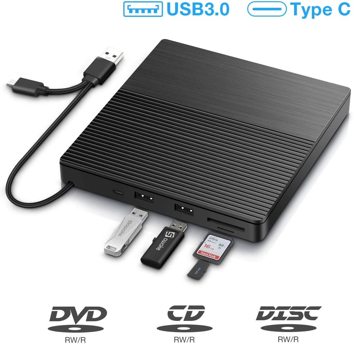Lecteur CD/DVD Externe, Graveur DVD/CD Externe USB 3.0 et Type-C